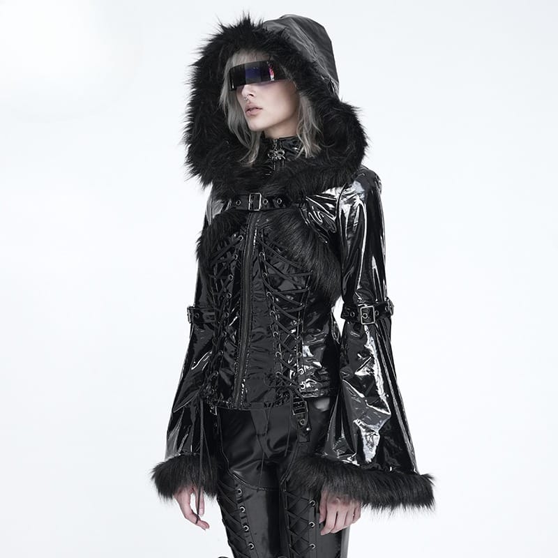 DEVIL FASHION Women's Punk Lace-up Buckle Straps Hooded Jacket