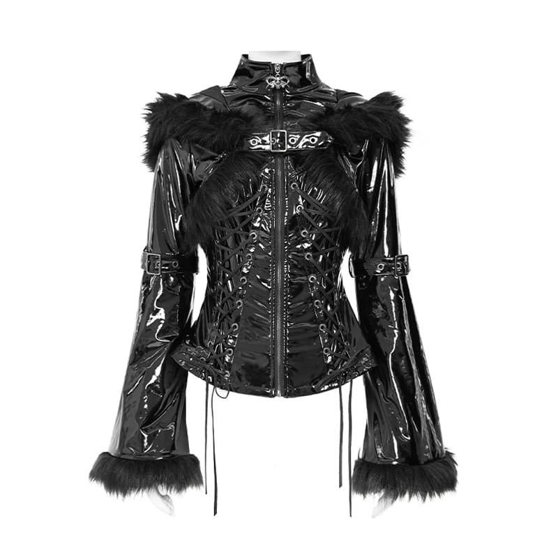 DEVIL FASHION Women's Punk Lace-up Buckle Straps Hooded Jacket