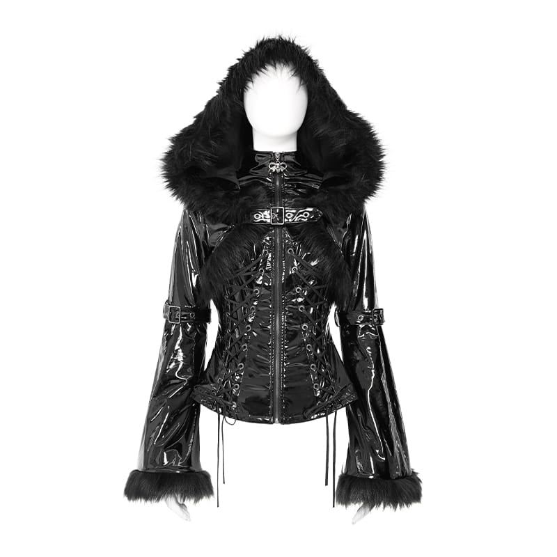 DEVIL FASHION Women's Punk Lace-up Buckle Straps Hooded Jacket