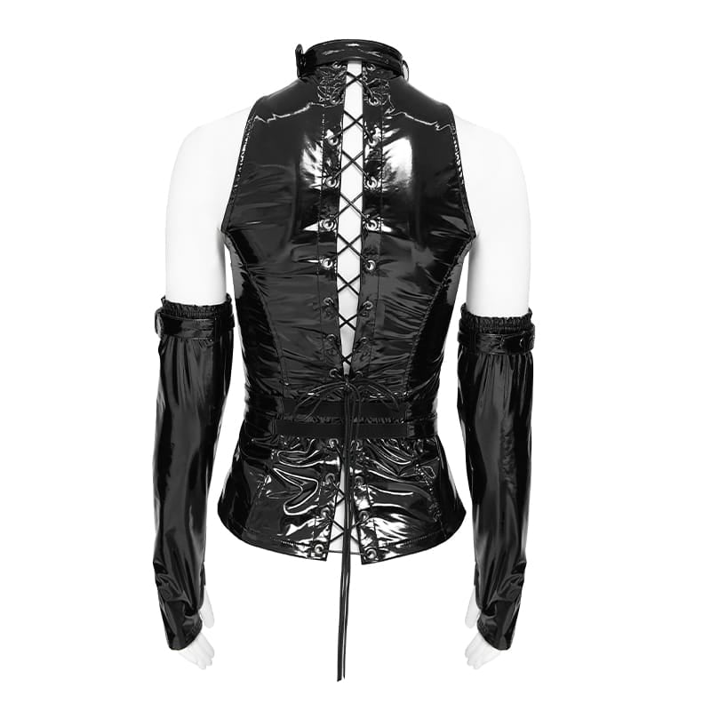 DEVIL FASHION Women's Punk Lace-up High Neck Vest with Waist Harness & Arm Sleeves