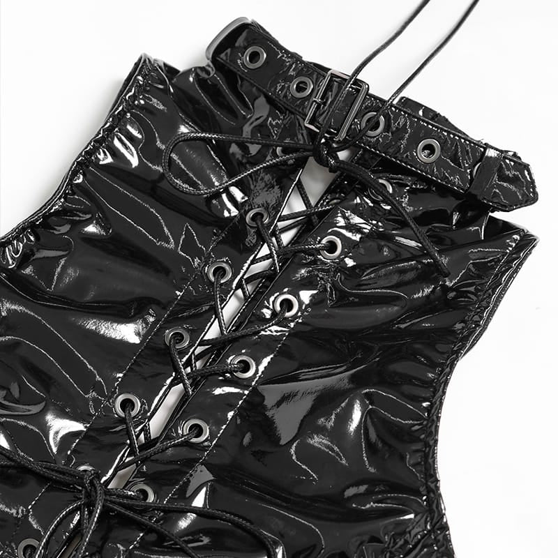 DEVIL FASHION Women's Punk Lace-up High Neck Vest with Waist Harness & Arm Sleeves