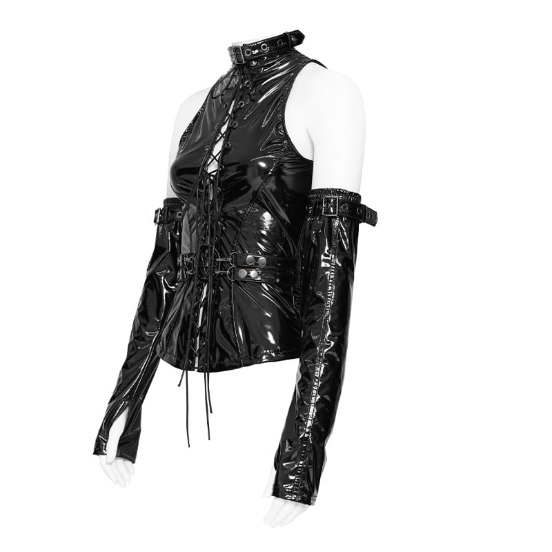 DEVIL FASHION Women's Punk Lace-up High Neck Vest with Waist Harness & Arm Sleeves