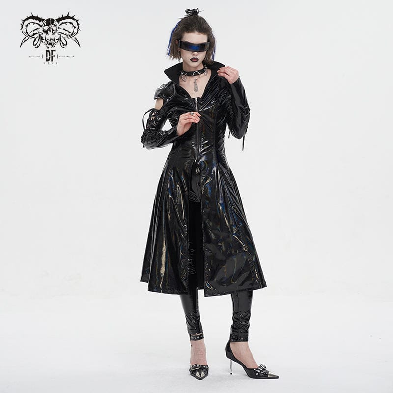 DEVIL FASHION Women's Punk Lace-up Mesh Splice Patent Leather Coat