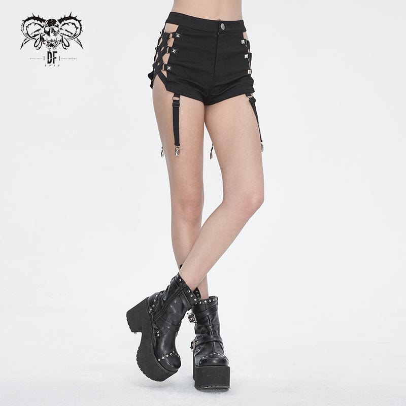 DEVIL FASHION Women's Punk Mesh Cutout Buckle Stud Shorts