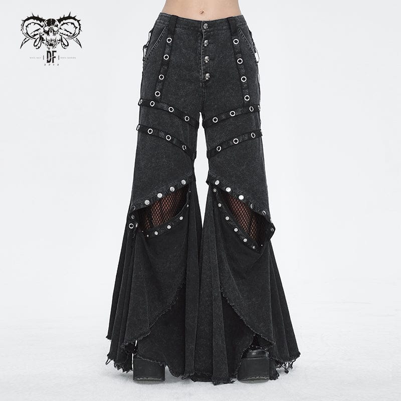 DEVIL FASHION Women's Punk Mesh Eyelets Ruffled Flared Pants