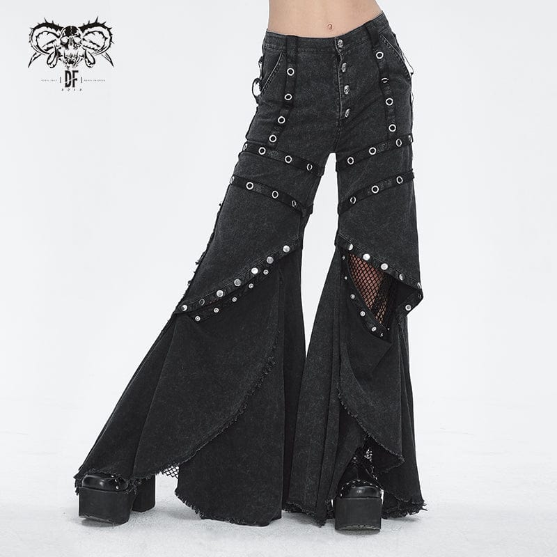 DEVIL FASHION Women's Punk Mesh Eyelets Ruffled Flared Pants