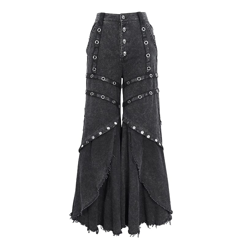 DEVIL FASHION Women's Punk Mesh Eyelets Ruffled Flared Pants