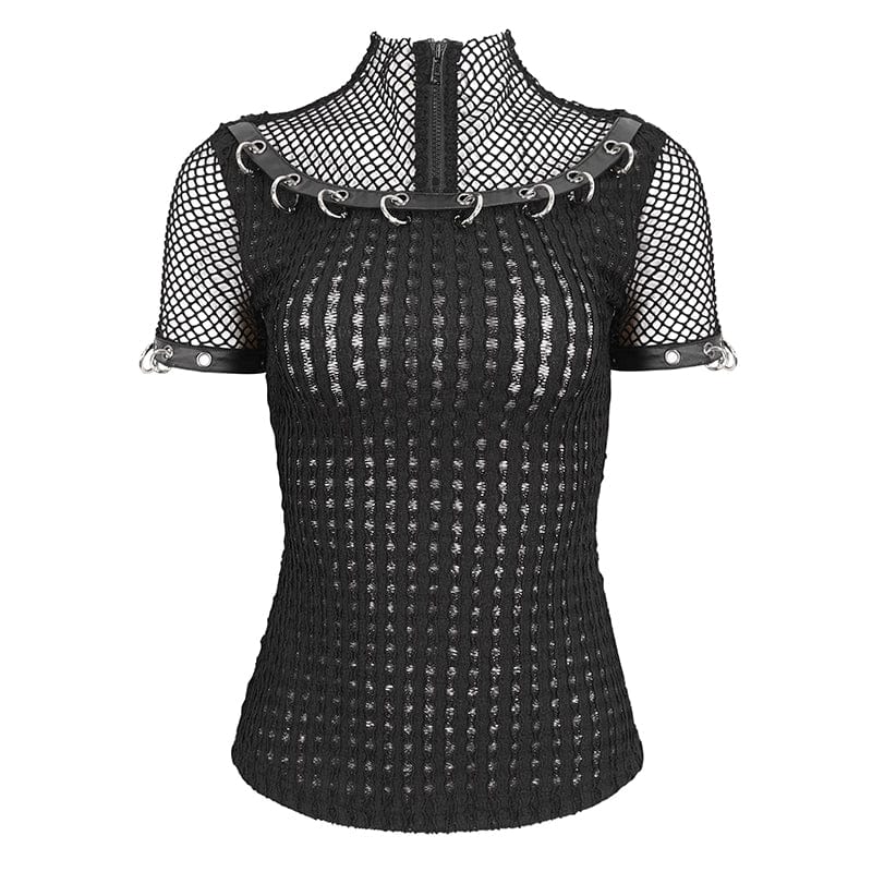 DEVIL FASHION Women's Punk Mesh Rings Short Sleeved Mesh Top