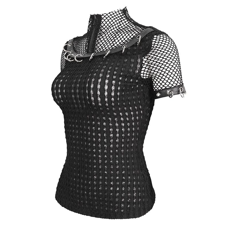 DEVIL FASHION Women's Punk Mesh Rings Short Sleeved Mesh Top