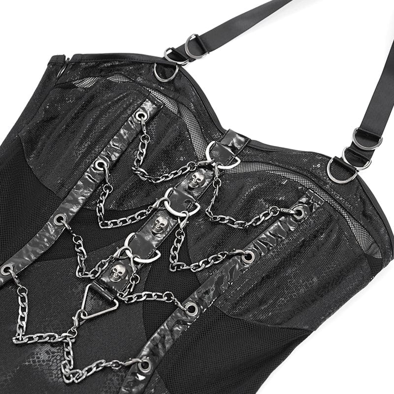 DEVIL FASHION Women's Punk Mesh Splice Chained Halterneck Honeymoon Dress