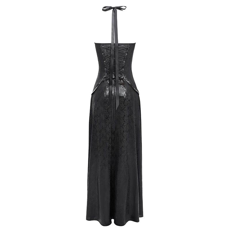 DEVIL FASHION Women's Punk Mesh Splice Chained Halterneck Honeymoon Dress