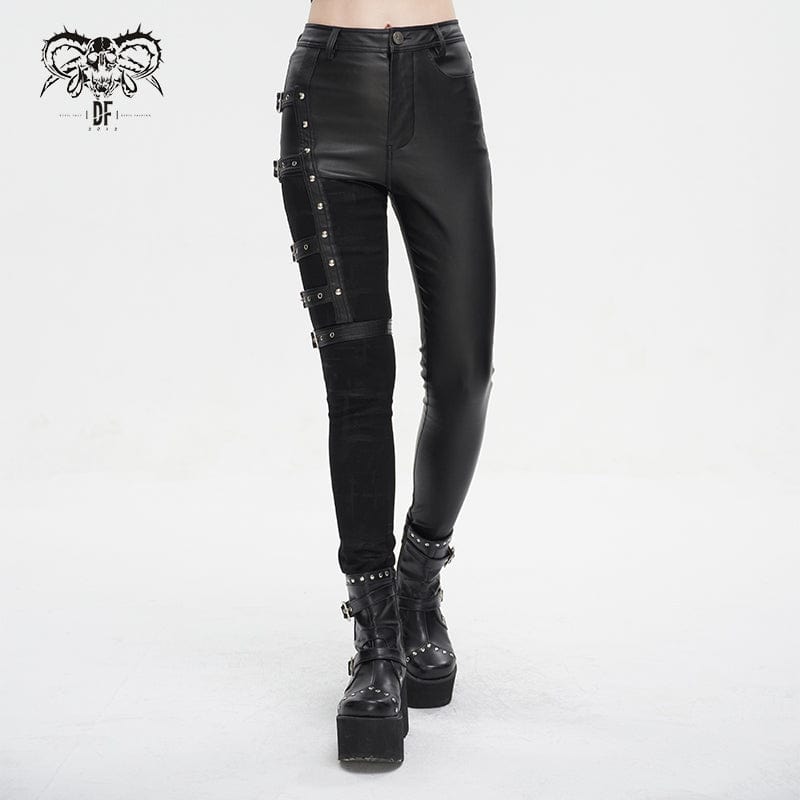 DEVIL FASHION Women's Punk Multi-buckle Splice Pants