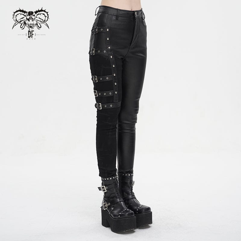 DEVIL FASHION Women's Punk Multi-buckle Splice Pants