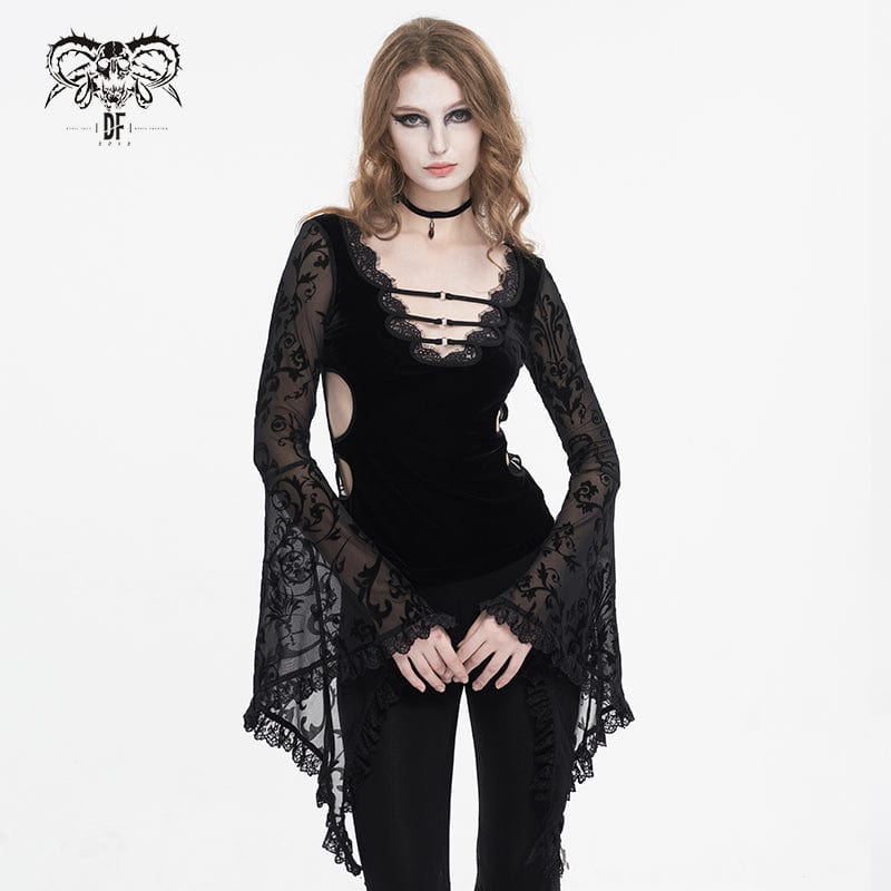 DEVIL FASHION Women's Punk Plunging Flared Sleevd Mesh Splice Shirt
