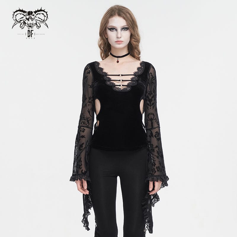 DEVIL FASHION Women's Punk Plunging Flared Sleevd Mesh Splice Shirt