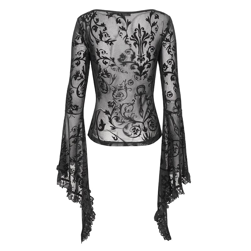 DEVIL FASHION Women's Punk Plunging Flared Sleevd Mesh Splice Shirt