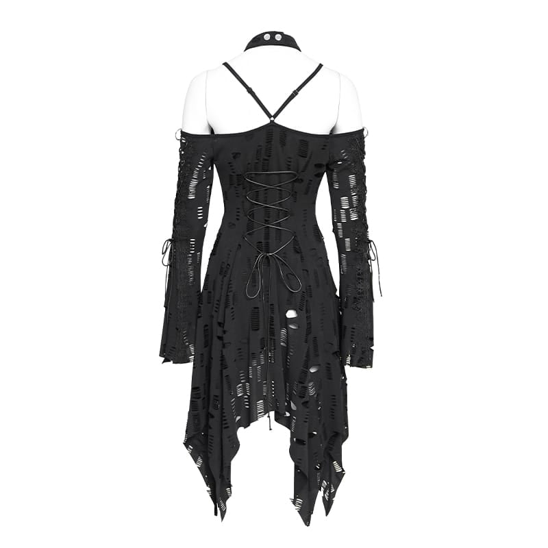 DEVIL FASHION Women's Punk Rings Ripped Irregular Hem Off Shoulder Dress