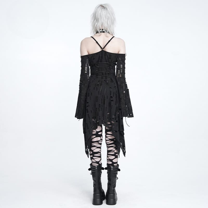 DEVIL FASHION Women's Punk Rings Ripped Irregular Hem Off Shoulder Dress