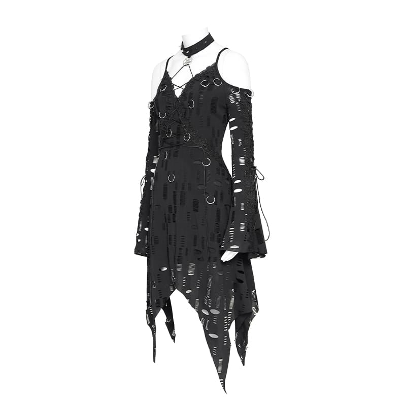 DEVIL FASHION Women's Punk Rings Ripped Irregular Hem Off Shoulder Dress