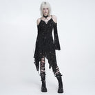 DEVIL FASHION Women's Punk Rings Ripped Irregular Hem Off Shoulder Dress