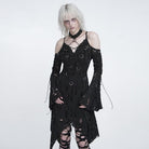 DEVIL FASHION Women's Punk Rings Ripped Irregular Hem Off Shoulder Dress