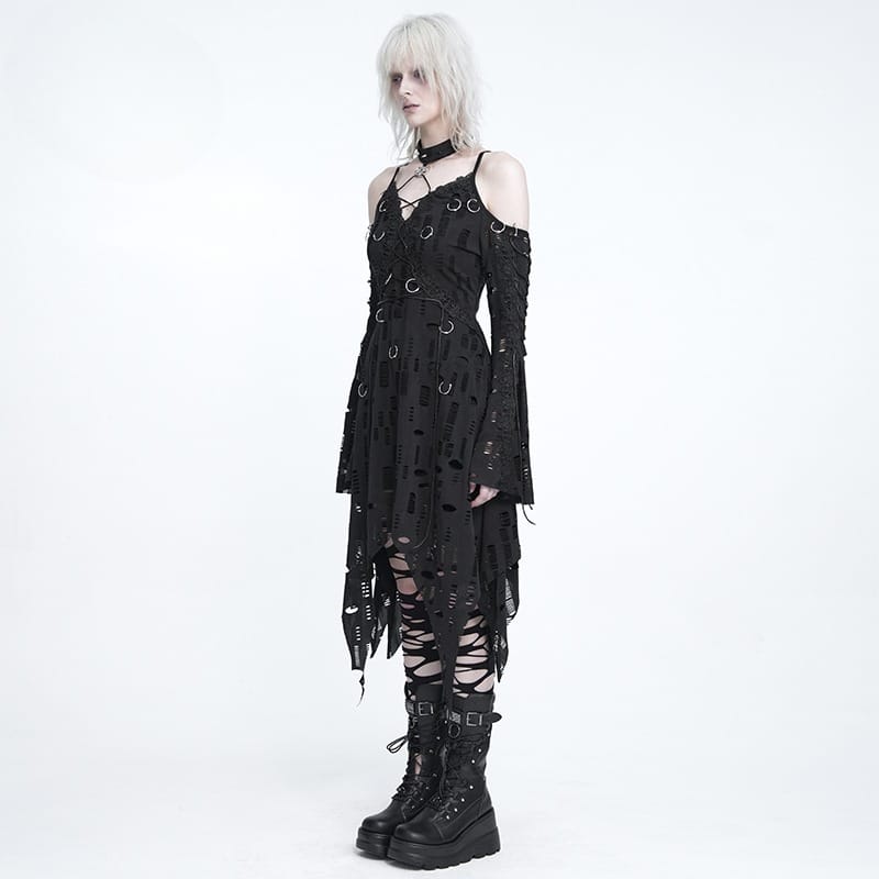 DEVIL FASHION Women's Punk Rings Ripped Irregular Hem Off Shoulder Dress