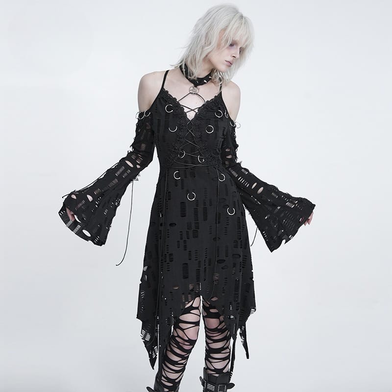 DEVIL FASHION Women's Punk Rings Ripped Irregular Hem Off Shoulder Dress