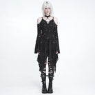 DEVIL FASHION Women's Punk Rings Ripped Irregular Hem Off Shoulder Dress