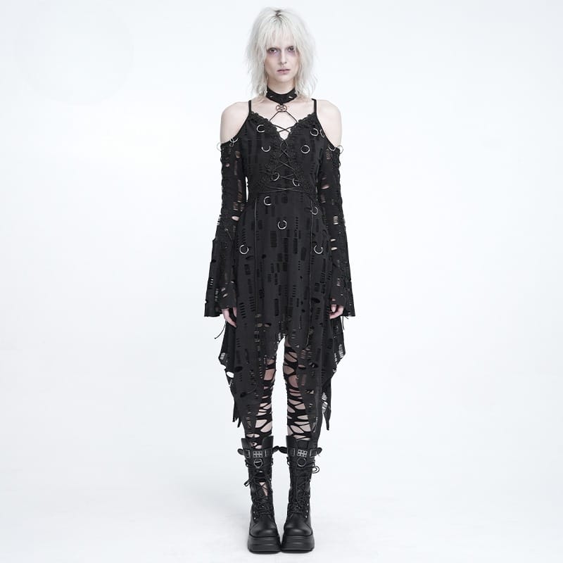 DEVIL FASHION Women's Punk Rings Ripped Irregular Hem Off Shoulder Dress