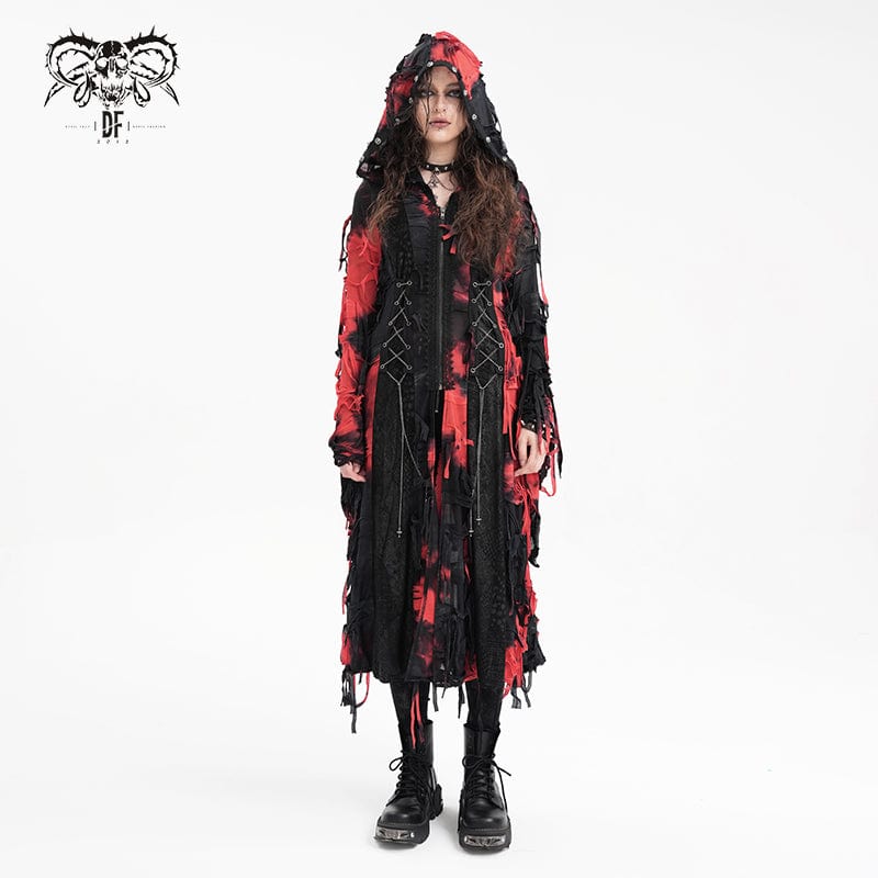 DEVIL FASHION Women's Punk Ripped Chain Lace Coat Black-Red