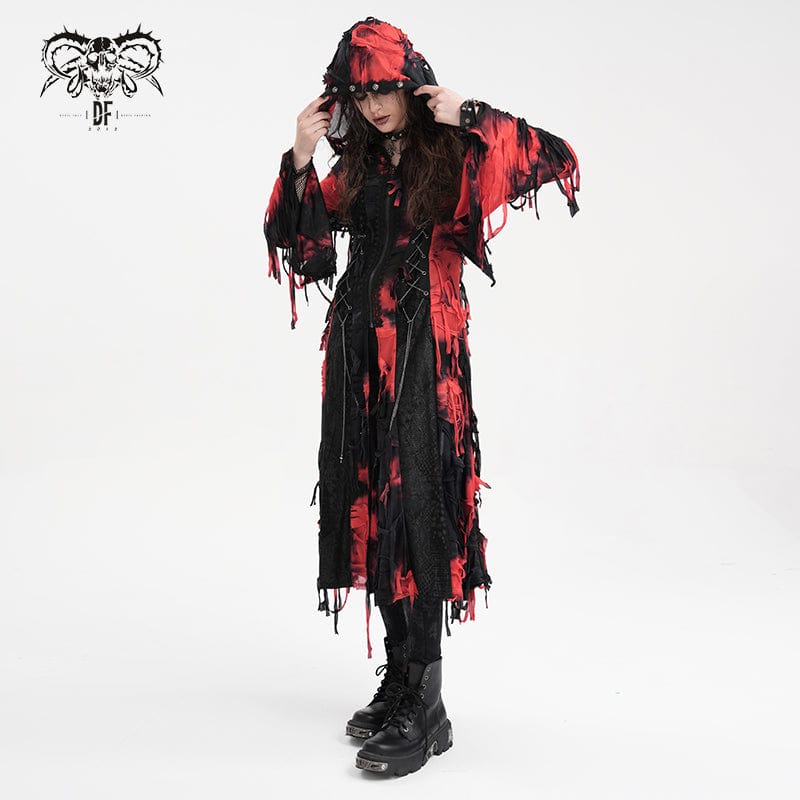 DEVIL FASHION Women's Punk Ripped Chain Lace Coat Black-Red