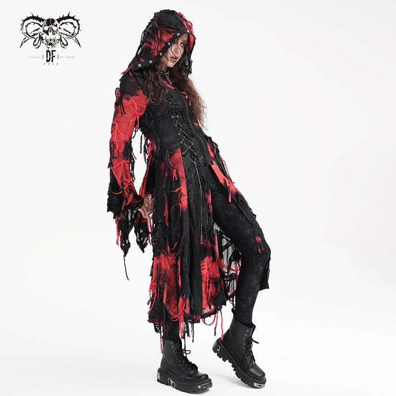 DEVIL FASHION Women's Punk Ripped Chain Lace Coat Black-Red