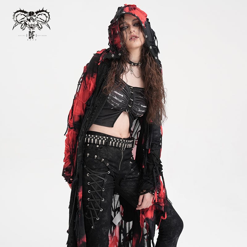 DEVIL FASHION Women's Punk Ripped Chain Lace Coat Black-Red