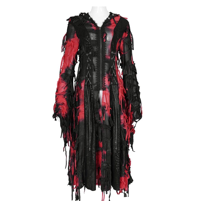 DEVIL FASHION Women's Punk Ripped Chain Lace Coat Black-Red