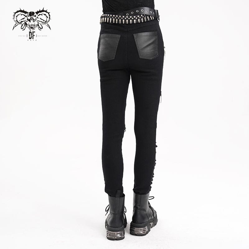 DEVIL FASHION Women's Punk Ripped Eyelets Chains Pants