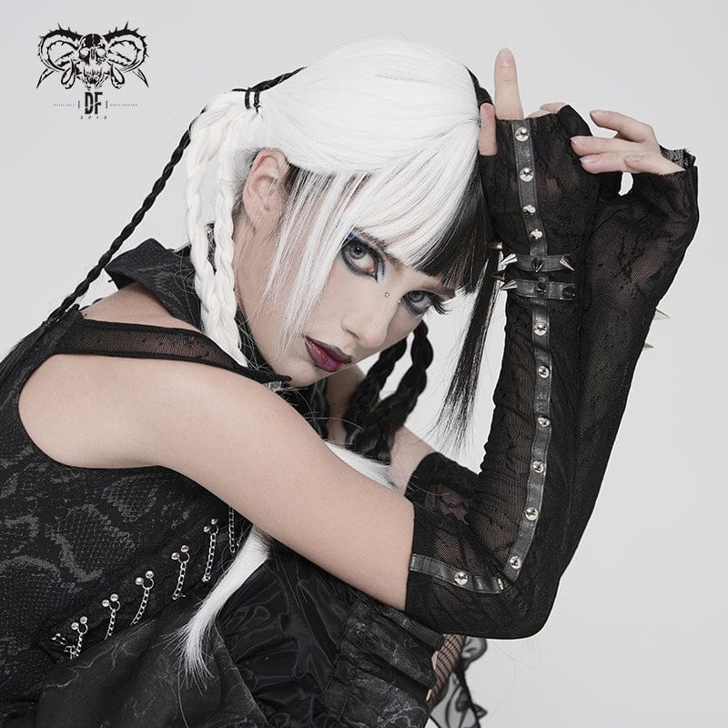 DEVIL FASHION Women's Punk Rivets Printed Mesh Gloves
