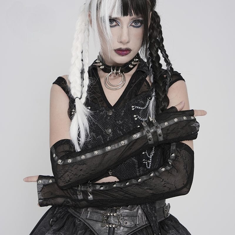 DEVIL FASHION Women's Punk Rivets Printed Mesh Gloves