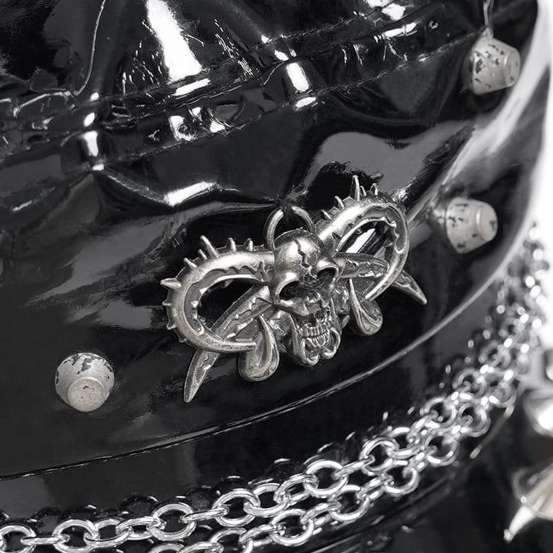 DEVIL FASHION Damen-Kappe mit Punk-Nieten und Totenkopf-Motiv, Kunstleder