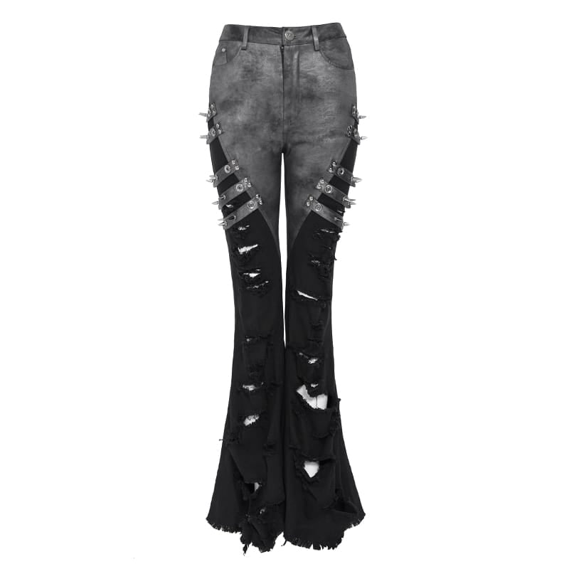 DEVIL FASHION Women's Punk Spike-Detailed Straps Ripped Flare Pants