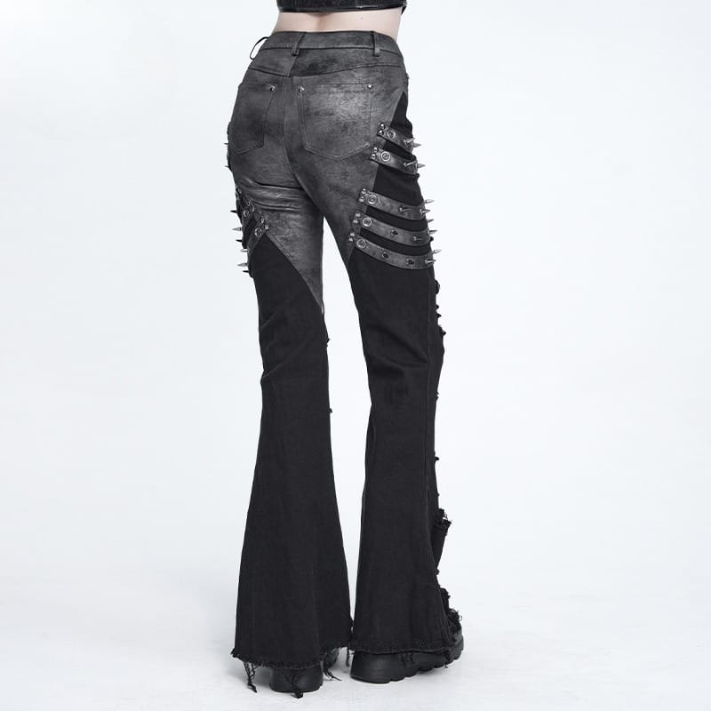 DEVIL FASHION Women's Punk Spike-Detailed Straps Ripped Flare Pants