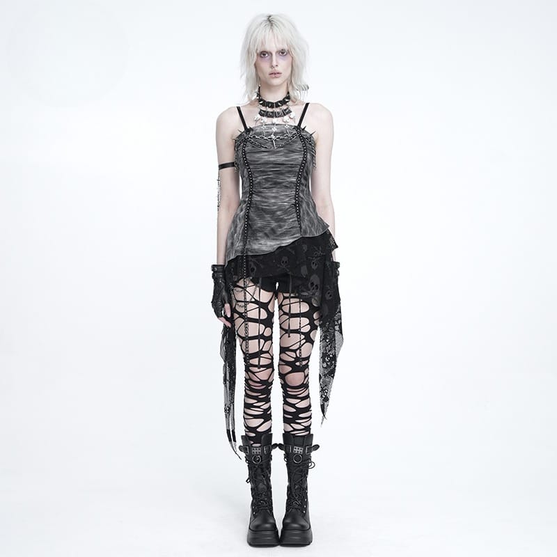 DEVIL FASHION Women's Punk Spiked Chained Asymmetric Tank Top