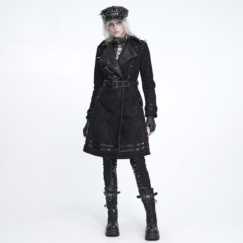 DEVIL FASHION Women's Punk Spiked Chained Lapel Slanted Placket Coat