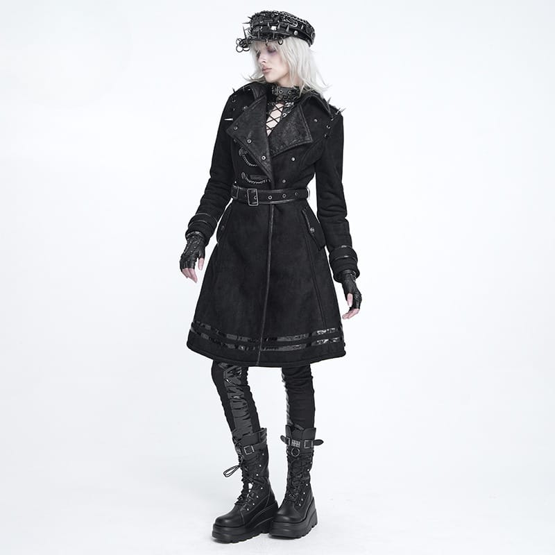 DEVIL FASHION Women's Punk Spiked Chained Lapel Slanted Placket Coat