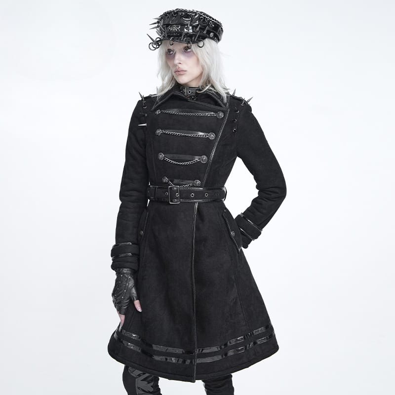 DEVIL FASHION Women's Punk Spiked Chained Lapel Slanted Placket Coat