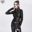 DEVIL FASHION Women's Punk Stand Collar Studded Mesh Shirt