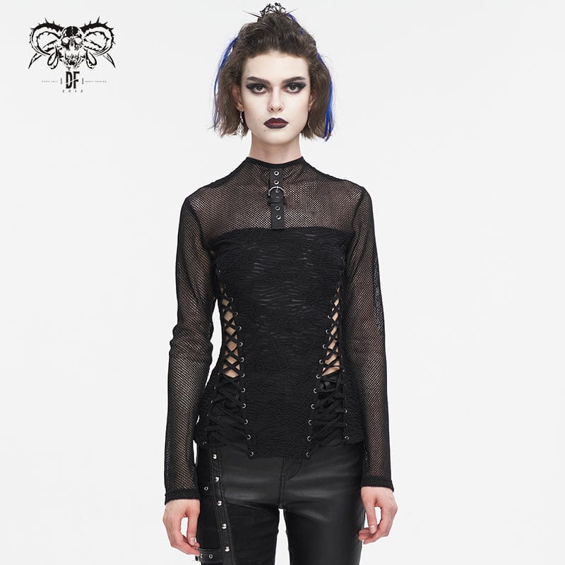 DEVIL FASHION Damen Punk-Trägershirt mit Netzstoff und Rüschen