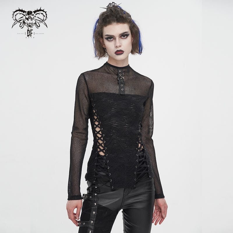 DEVIL FASHION Damen Punk-Trägershirt mit Netzstoff und Rüschen