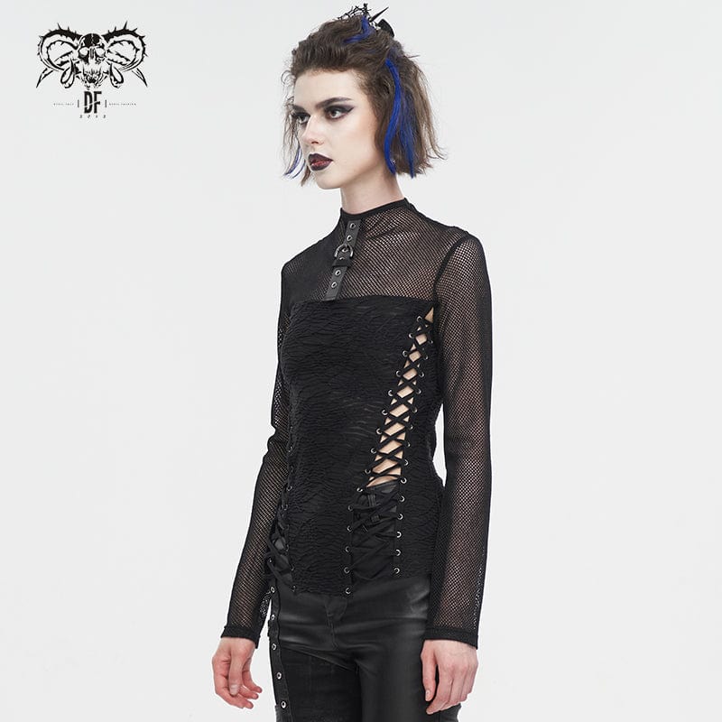 DEVIL FASHION Damen Punk-Trägershirt mit Netzstoff und Rüschen