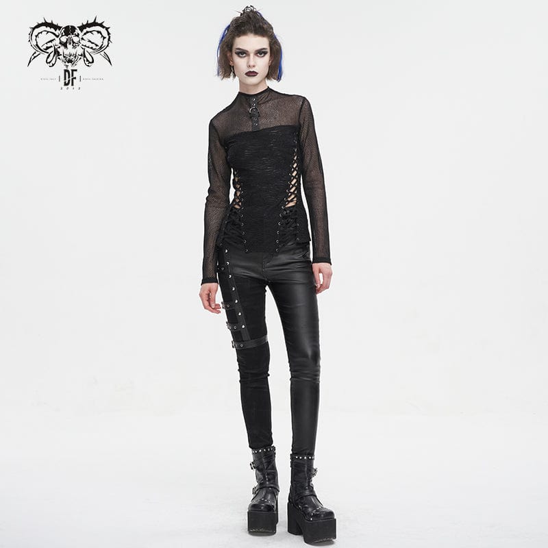 DEVIL FASHION Damen Punk-Trägershirt mit Netzstoff und Rüschen