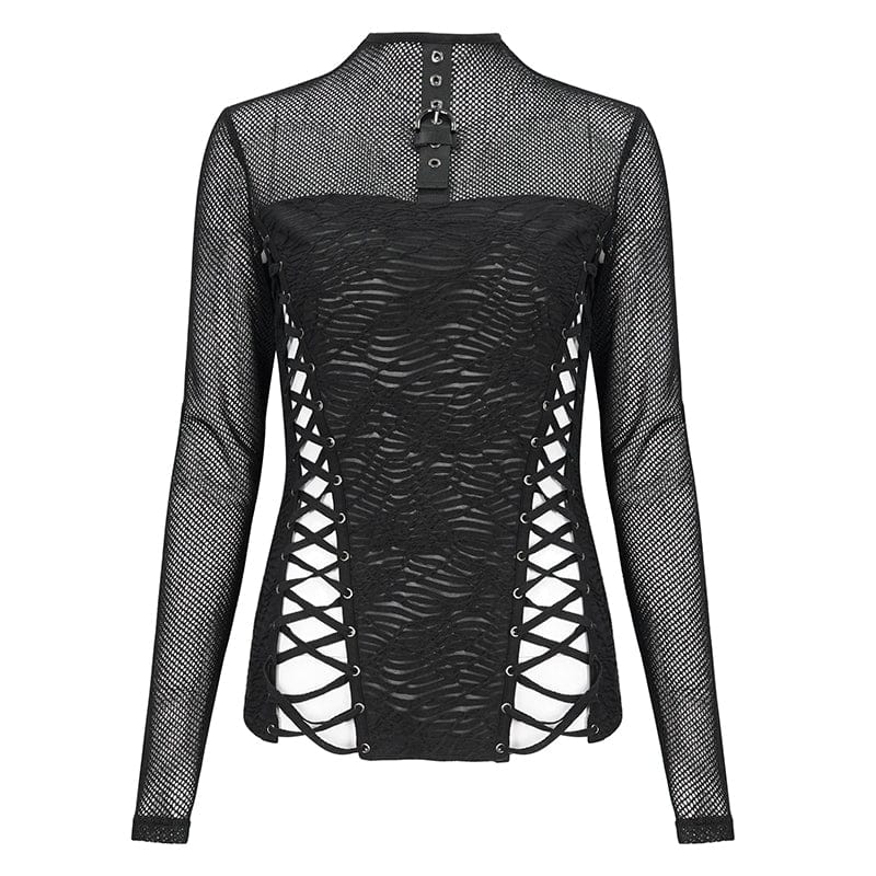 DEVIL FASHION Damen Punk-Trägershirt mit Netzstoff und Rüschen